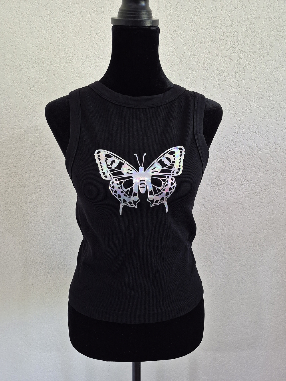 Black Tank Top with Iridescent Butterfly Graphic